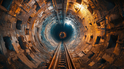 Giant tunnel boring machines symbolize innovation, engineering marvels, and the power of human ingenuity, creating paths through solid rock deep underground with dramatic lighting