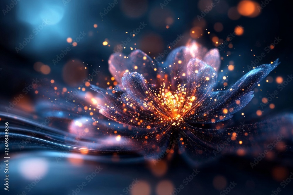 Aufkleber digital artwork of a glowing flower in a dark abstract background with vibrant colors and sparkling 
