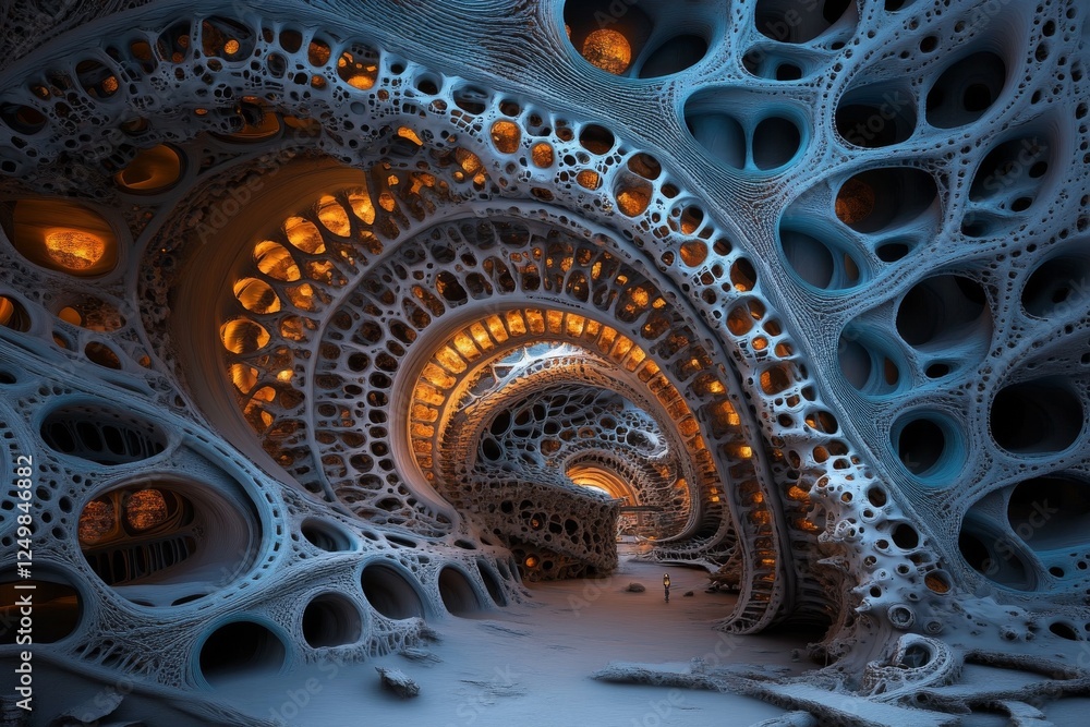 Poster intricate blue fractal structure illuminated with warm light in a mysterious cavernous space