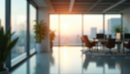 Modern office interior with panoramic windows. Empty room with bright lighting. Blurred background shows comfortable chairs, desks. Sunlight streams through large windows cityscape. Empty space