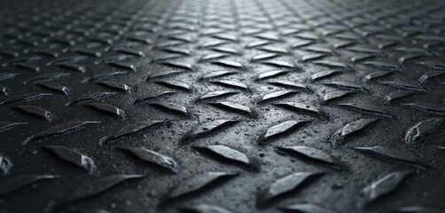Close-up view of dark gray diamond plate steel floor. Pattern repeating, creates strong industrial texture. Surface slightly rough, gritty. Seamless background ideal for industrial design,