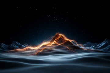 Mysterious glowing mountain rises from a snowy landscape under a starry sky at night