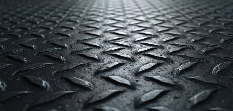 Close-up view of dark gray diamond plate steel floor. Pattern repeating, creates strong industrial texture. Surface slightly rough, gritty. Seamless background ideal for industrial design,