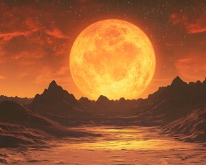 Mesmerizing Landscape With Large Orange Moon Illuminating Rugged Mountains At Dusk