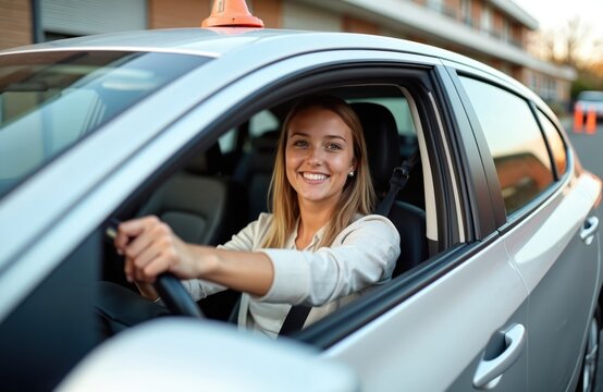 Happy young female learner driver sits inside car. Smiles confidently holding steering wheel. Safety features like seatbelt visible. Ready for driving school test. Photo shows beginner driver during - Powered by Adobe