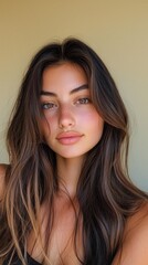 Naklejka premium This striking composition showcases a woman with long, flowing brown hair, radiating confidence and charm