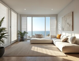 Spacious living room with white wood shutters, large windows offering ocean views. Modern minimalist style. White sectional sofa with beige throw pillows, orange accent pillow. Indoor plants add