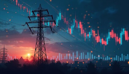Electric pole stands against sunset sky with stock market charts superimposed. Dramatic colors showcase energy volatility. Urban landscape visible behind pole. Represents global energy markets,