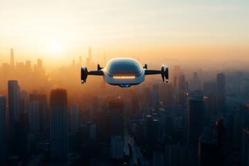 Naklejka premium Futuristic flying vehicle soaring above a modern city skyline at sunrise