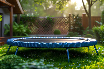 A backyard trampoline sitting on a healthy patch of grass
