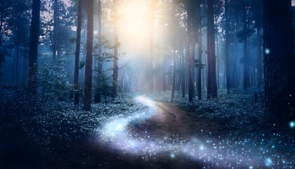 Fantasy mystical glowing trail of sparkling fairy dust leading through a moonlit forest. Fairytale fantasy background