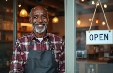 Happy senior black man stands proudly at new business. Business owner smiles warmly. Small eatery open. Successful entrepreneur welcomes customers. New start-up thriving. Modern, welcoming