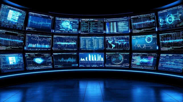 multiple screen displays, futuristic control room setup, various information feeds and news channels, vibrant digital art, isolated on white background