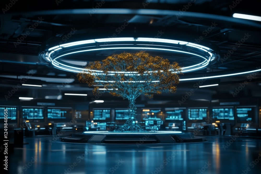 Aufkleber futuristic digital tree illuminated by glowing technology in a sleek laboratory setting