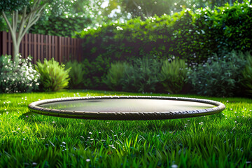A backyard trampoline sitting on a healthy patch of grass