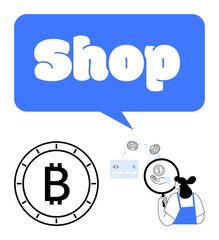 Bitcoin symbol, speech bubble with Shop, and woman analyzing financial data. Ideal for e-commerce, cryptocurrency, online transactions, fintech, digital wallets, blockchain cashless societies