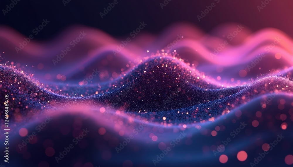 Poster abstract digital sound wave visualization. purple, pink hues create dynamic pattern of flowing curve