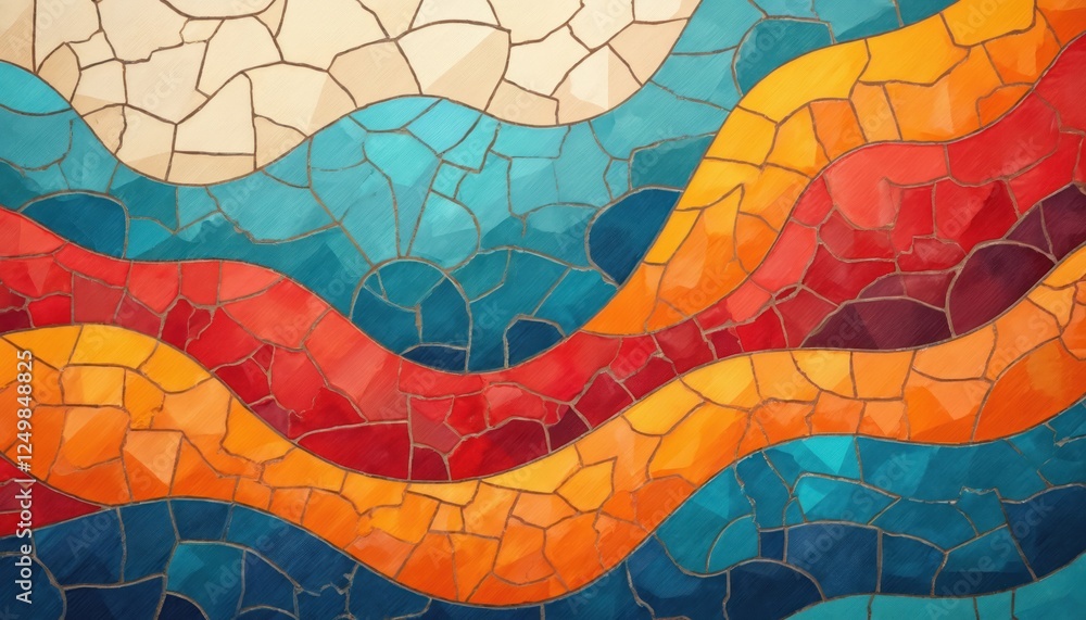 Poster colorful mosaic tile design forms flowing patterns reminiscent of waves. vibrant colors blend in dec