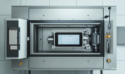 Obraz premium Modern mechanical press with an integrated touchscreen, symbolizing innovation in industrial equipment and automation