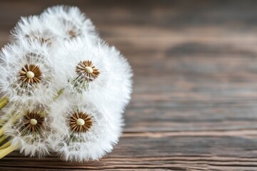 Dandelions in full bloom resting on a rustic wooden surface in natural light