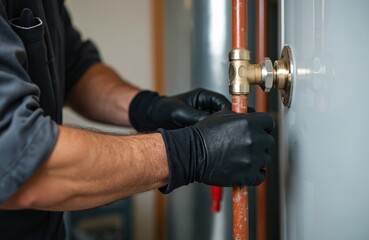 Professional plumber fixes water heater. Plumber in black gloves installs repairs copper water pipe connected to tank. Efficient plumbing service. Expert technician works accurately. High-quality
