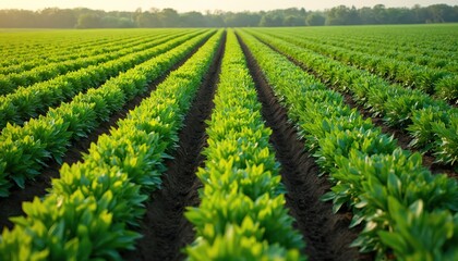 Rich green crops grow in neat rows across wide field. Crop rotation evident in organized planting patterns. Healthy plants planted in alternating sections. Eco-friendly farming method improves soil