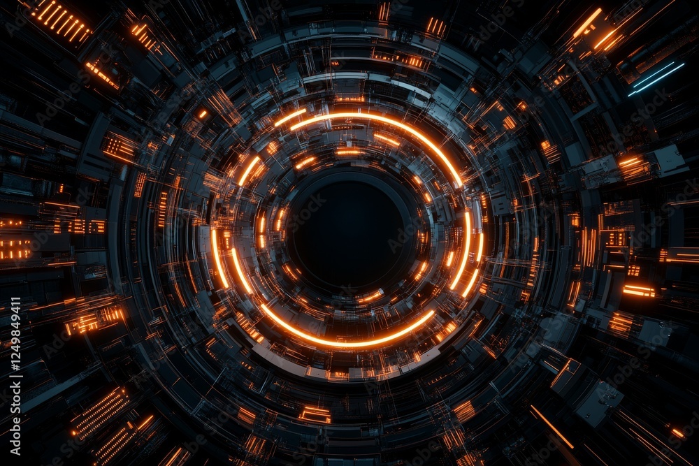 Poster digital art depicting a futuristic technology tunnel with glowing orange patterns and intricate circ