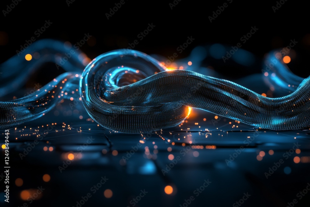 Poster dynamic blue glowing shapes intertwine on a dark background creating a futuristic visual impact