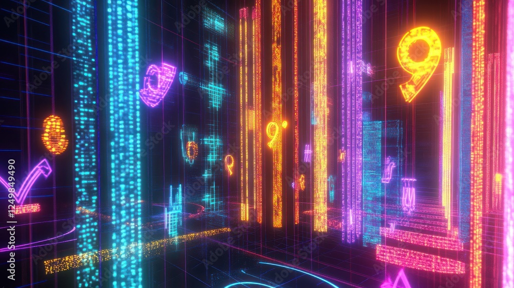 Poster abstract digital data stream with glowing symbols and numbers matrix