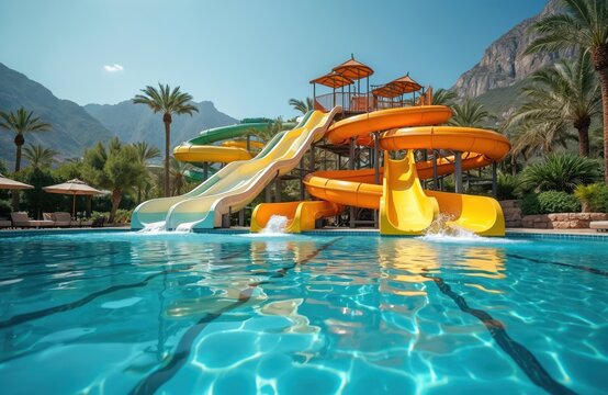 Empty water park for kids in luxury hotel near sea. Colorful waterslides in pool area. Bright sunny day with cloudy blue sky. No people. Ideal for family vacation. Aquapark offers fun, recreation for