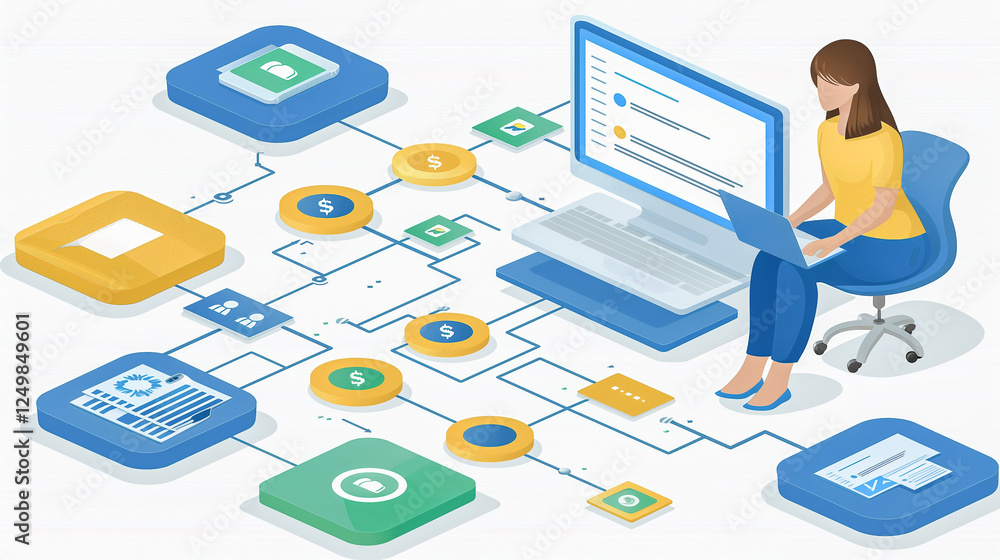 Aufkleber isometric illustration of digital finance and workflow automation..