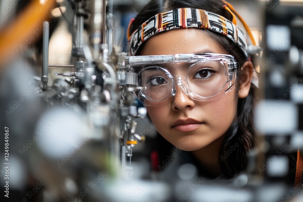 Poster young engineer working with machinery in a laboratory setting during daytime hours