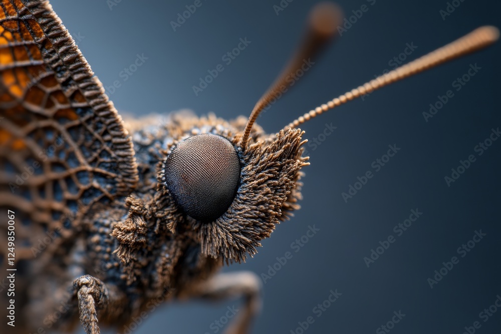 Poster close-up view of a detailed butterfly showcasing intricate patterns and textures on its wings and bo