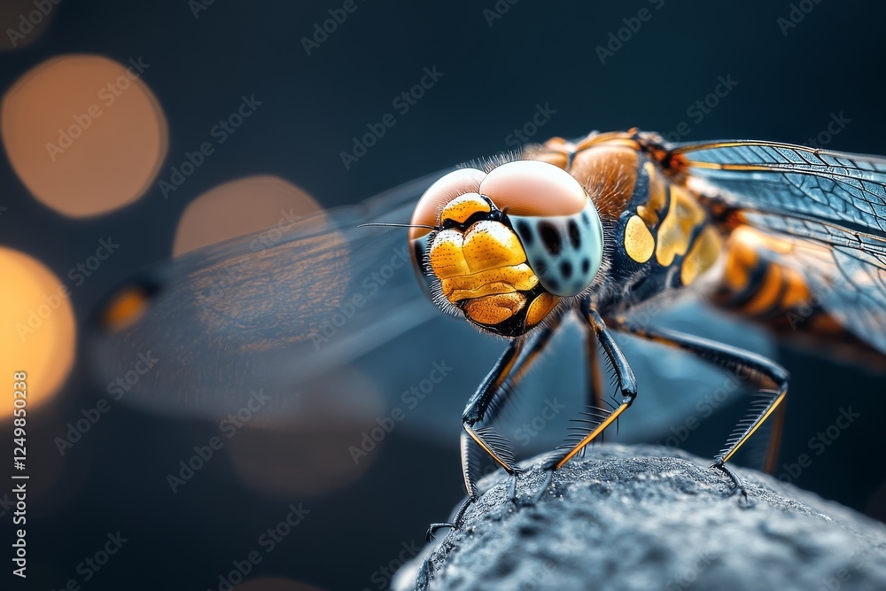 Aufkleber close-up view of a vibrant dragonfly resting on a rock surrounded by soft bokeh lights