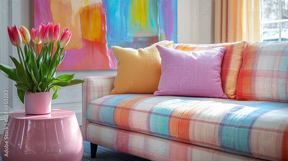 Poster this stylish interior features a pastel plaid sofa adorned with colorful cushions, complemented by v