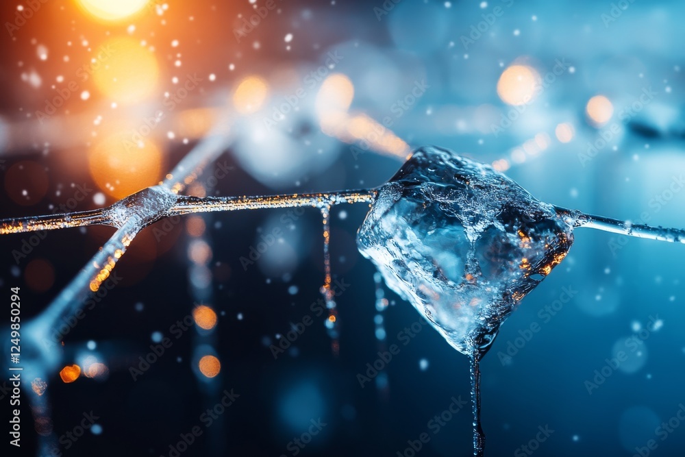 Poster beautiful ice cube melting on a fragile branch captured in the cold winter light with shimmering bok