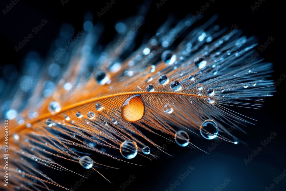 Poster close-up of a delicate feather with water droplets reflecting light in a dark background showcasing 