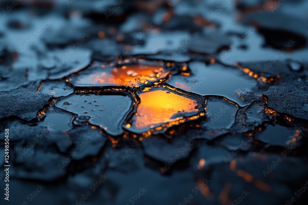 Poster unique reflection of warm light on wet pavement after rain showcasing intricate patterns and texture