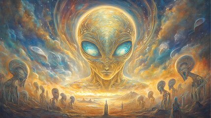 Obraz premium Divine alien beings worshipped by ancient cultures in ethereal sky painting. Alien Rituals & Ceremonies. Illustration