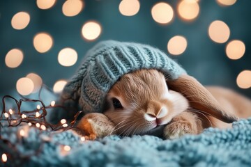 Fototapeta premium Cute rabbit wearing a cozy knitted hat lies on a soft blanket surrounded by sparkling lights in a warm atmosphere