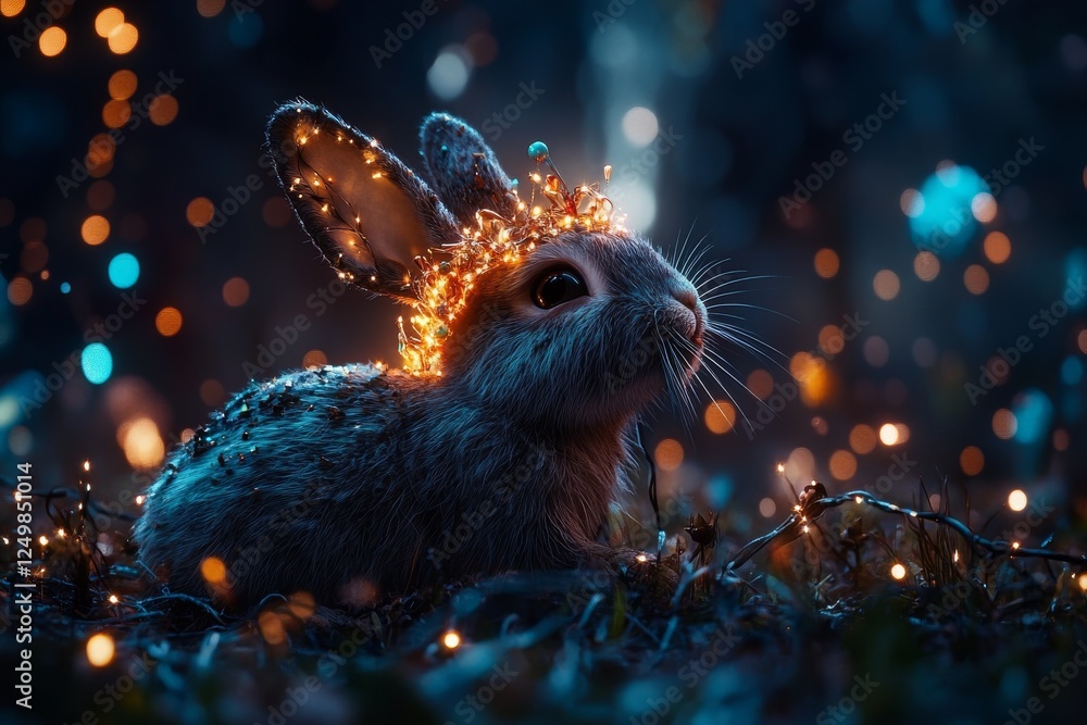 Poster cute rabbit adorned with sparkling lights in a magical forest setting during twilight hours