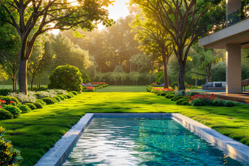 A beautiful lawn leading to a backyard pool surrounded by trees