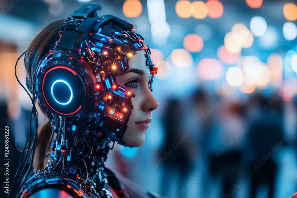 Aufkleber futuristic humanoid robot with advanced tech features in a vibrant, illuminated urban environment du