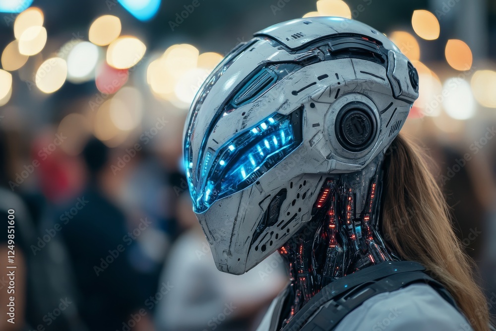Aufkleber futuristic robot with glowing features at a crowded event during the evening