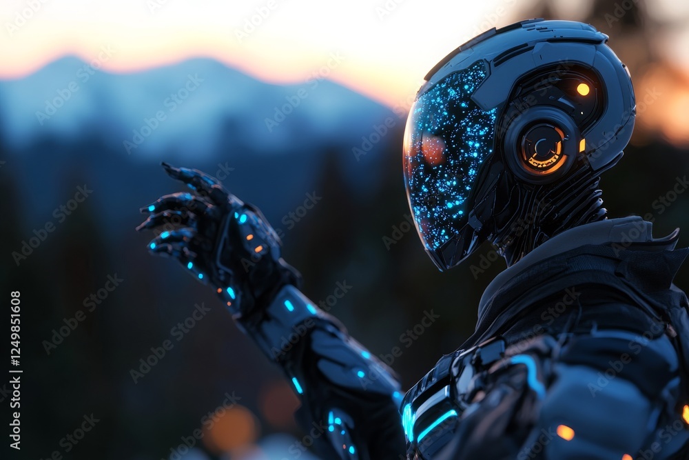 Poster futuristic robot exploring nature at dusk with glowing features against mountain backdrop