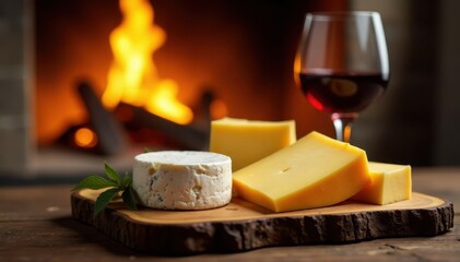 Aged cheese and wine arranged artfully on a wooden platter in front of a crackling fire, table setting, wine, evening