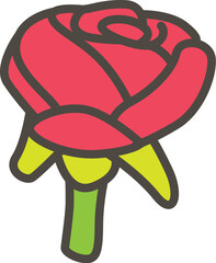 Cartoon-Style Red Rose with Green Stem and Leaves

