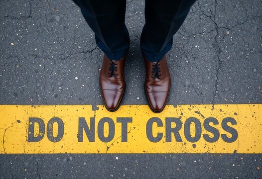 A pair of formal brown shoes belonging to a male stands firmly at a yellow 'Do Not Cross' line on a pavement, symbolizing professional boundaries.