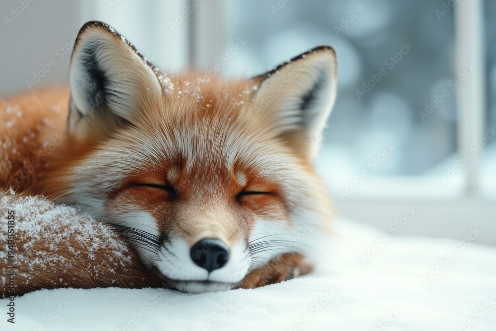 Poster fox resting peacefully on a snowy surface with soft winter light filtering through a window