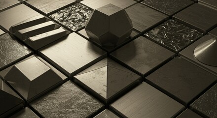 Abstract geometric shapes with metallic and glassy textures